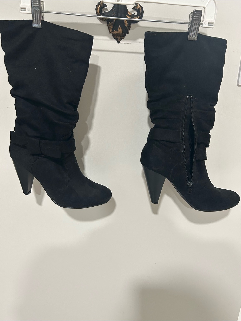 Women’s Black Mid-Calf Suede Heeled Boots - Classic Style